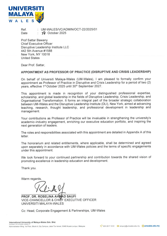 UM Wales Letter of Appointment as Professor of Practice for Prof Sattar Bawany - 28 Oct 2025