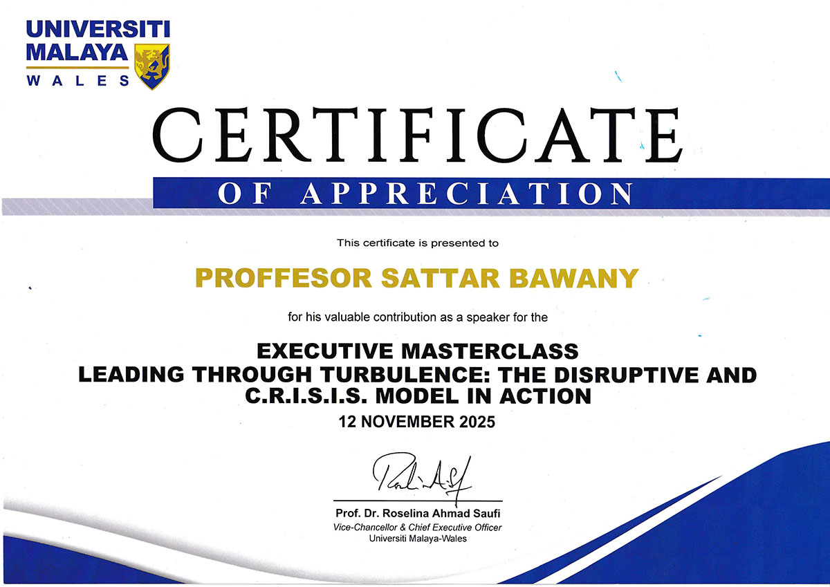 UM Wales Certificate Presented to Prof Sattar Bawany - 12 November 2025