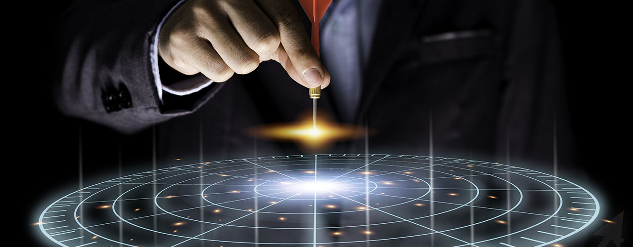 Businessman throwing red arrow dart to virtual target dart board